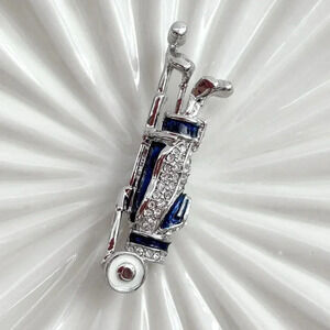 Silver Toned Rhinestone Adorned Vintage Golf Themed Blue Enamel Brooch